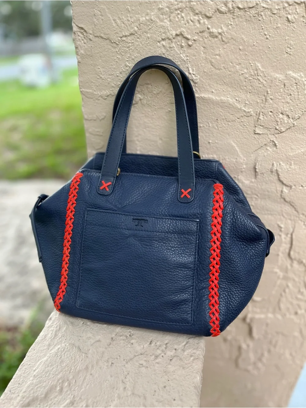 Tory Burch Navy Blue Leather Tote with Red Accent Stitching